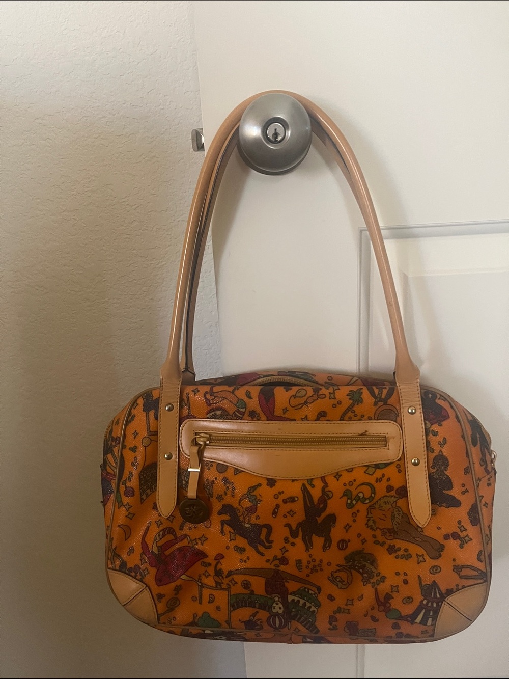 Piero Guidi Orange Patterned Shoulder Bag with Tan Trim